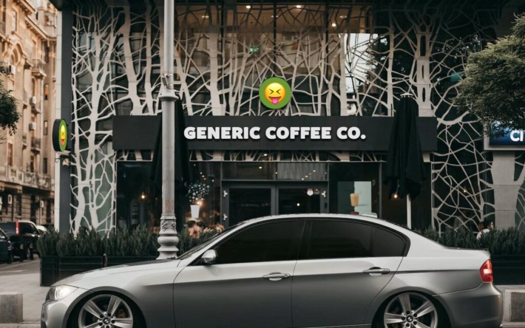 Car parked outside of a generic commercial coffee shop