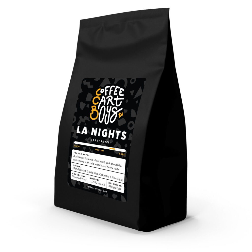 Coffee Cart Boys Signature Specialty Coffee Blend, LA Nights, Medium-Dark Roast. Available for purchase via our online shop and at coffee & tea catering service events.