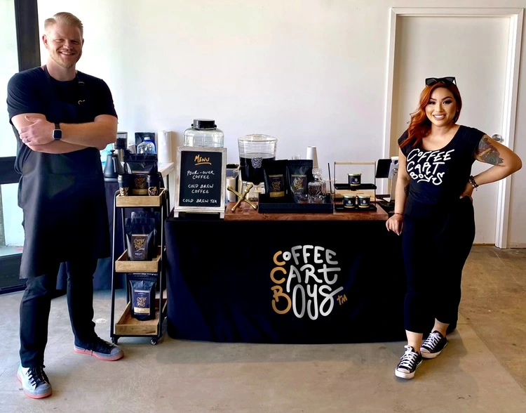 Coffee Cart Boys baristas Sean and Manila setup at a private event - Specialty Coffee & Tea Catering