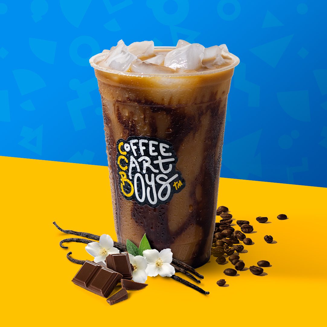 Mobile Coffee Bar Menu item, "Tuxedo": hot or iced coffee with mocha and vanilla with/without milk.