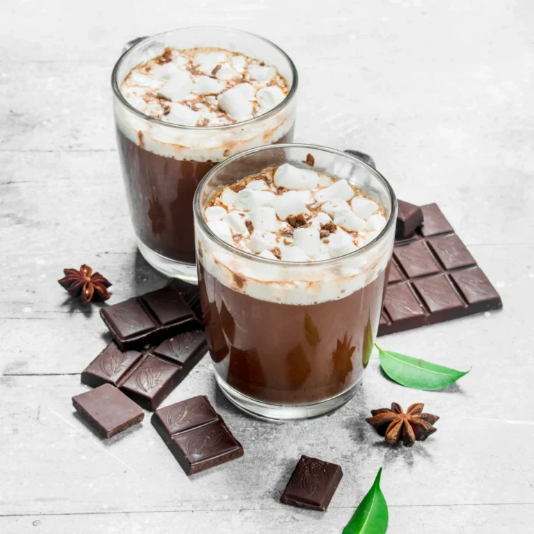 Rich and delicious hot chocolate in glasses with marshmallows