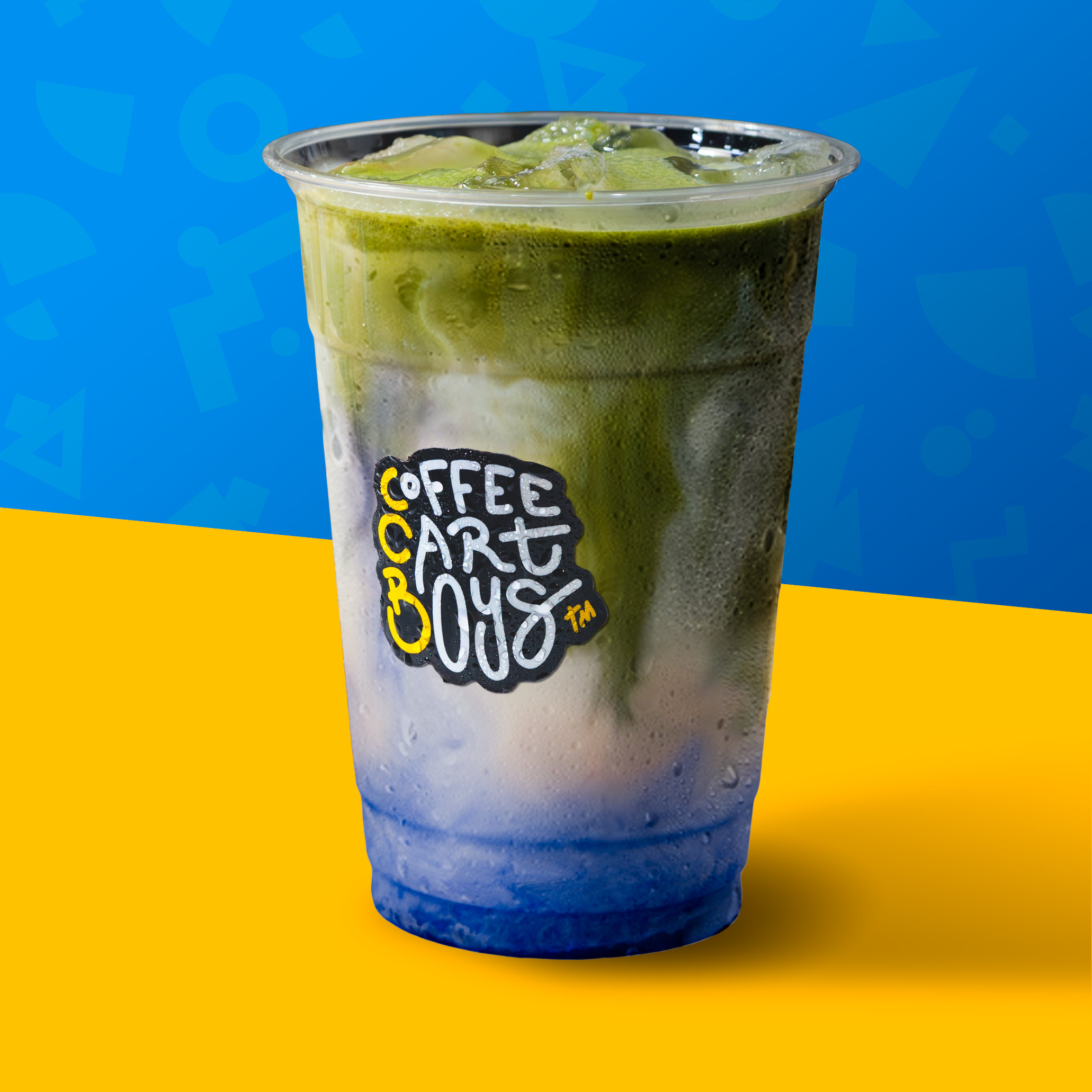 Mobile Coffee Bar Menu item, "Blueberry Matcha": iced matcha with blueberry syrup and choice of milk.