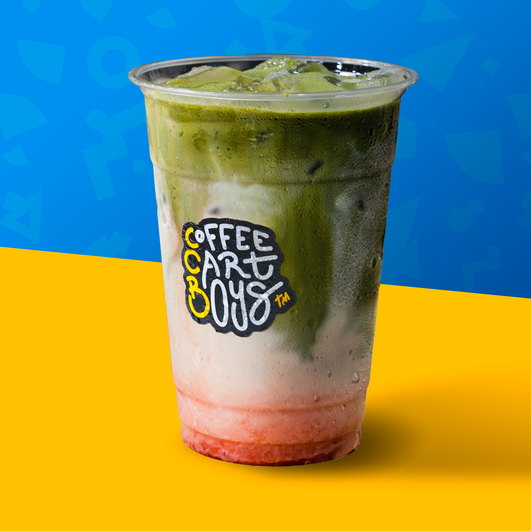 Mobile Coffee Bar Menu item, "Strawberry Matcha": iced matcha with strawberry syrup and choice of milk.