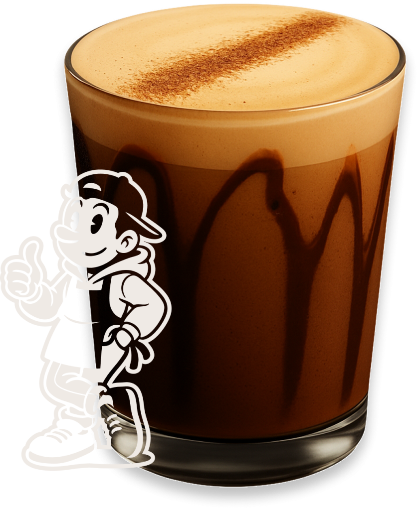 CCB mascot giving a thumbs up in front of a delicious glass of mocha.